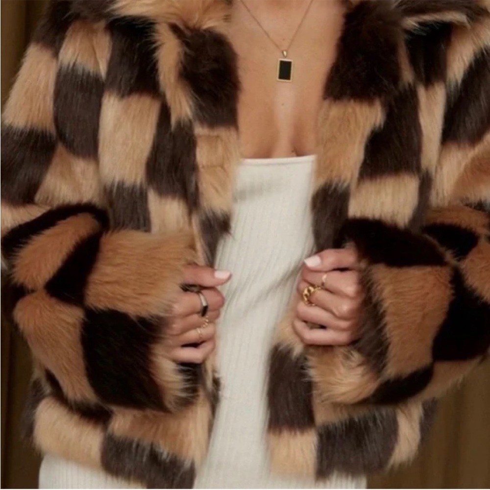 12th Tribe small faux fur checkered jacket, beige and brown.